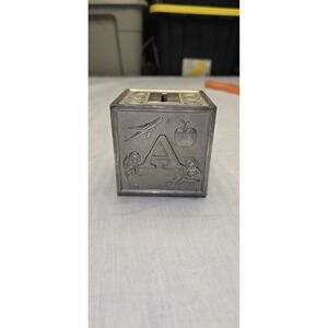 Vintage Keepsake Baby Bank Block Design Silver Metal ABCD's Animals & Coins Bank